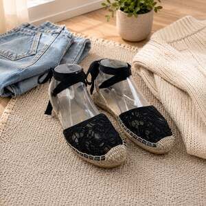 Black Lace Espadrille Tie-Up Sandals Size 7 Boho Cottagecore Flats